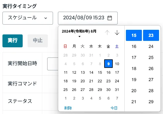 実行開始日時の選択